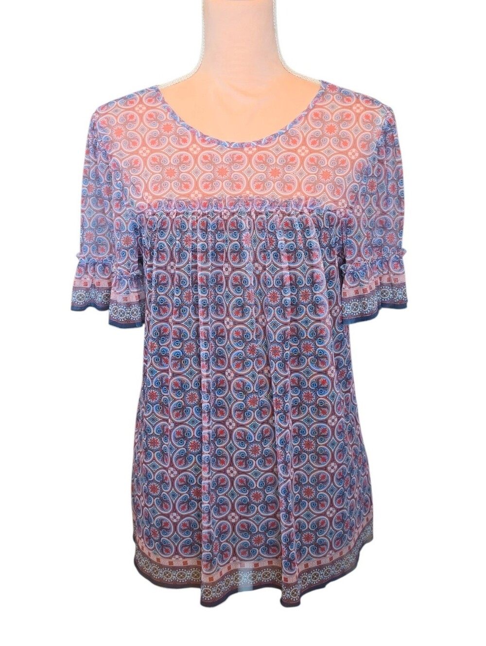 Max Studio Blue Coral Paisley Print Flutter Sleeve L Top